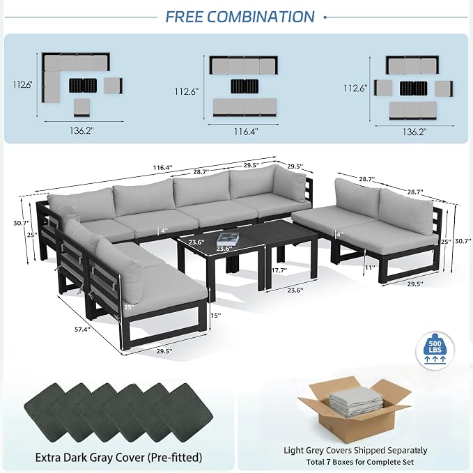 NICESOUL Oversized Modular Aluminum Outdoor Furniture Set, 29" Deep Wide Sectional Seating Set of 10, 500 lbs High Weight Capacity Water Resistant Patio Conversation Set for Garden Deck, Light Gray