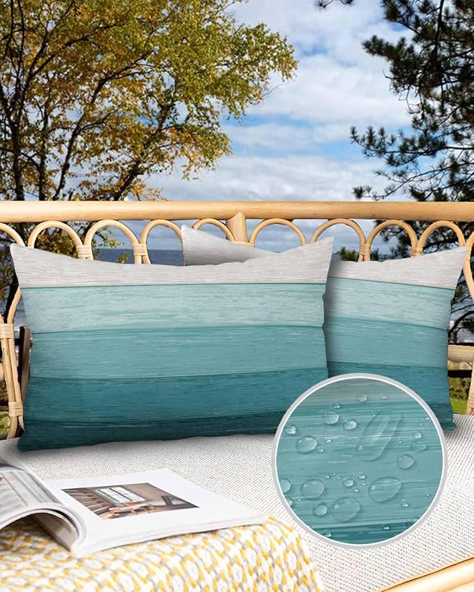 Outdoor Waterproof Throw Pillows Farmhouse Turquoise Wood Grain Patio Pillows Pack of 2,Decorative Pillow Covers with Insert,Pillow Cushion Case for Garden Couch Sofa Farm Rustic Gradient Stripes