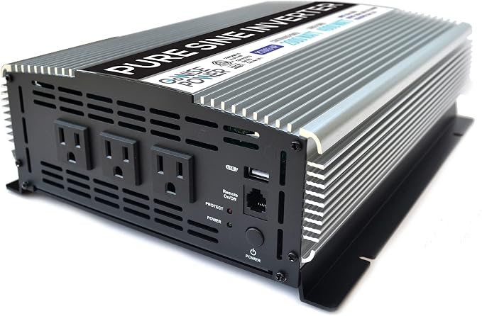 2000W Pure Sine Wave Power Inverter 12V DC to 120V AC with 3 AC Outlets + 1 5V USB Port, Remote Switch and 2 Battery Cables (4000W Peak) PS1003, 2021 Version, Grey