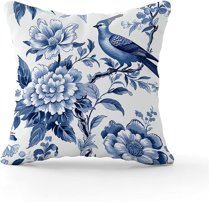 Blue Indigo Floral Chinoiserie Throw Pillow Covers Asian Navy Lotus Bird Pillowcase 18x18 INModern Accent Farmhouse Decor Pillow for Patio Couch Tent Sofa
