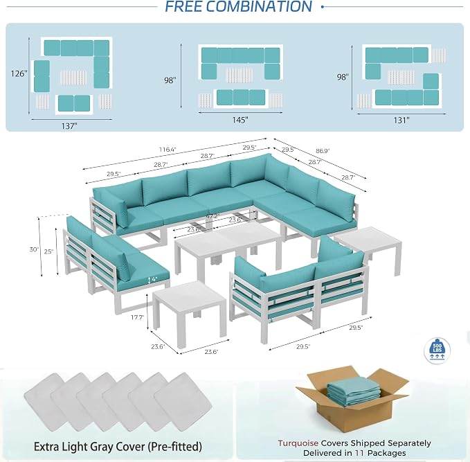 NICESOUL 14 Pcs Large Modern Aluminum Patio Furniture Set, L Shaped All Weather Modular Sectional Sofa with Coffee Table, 500 lbs Heavy Duty Comfortable Outdoor Couch for Poolside Backyard, Teal