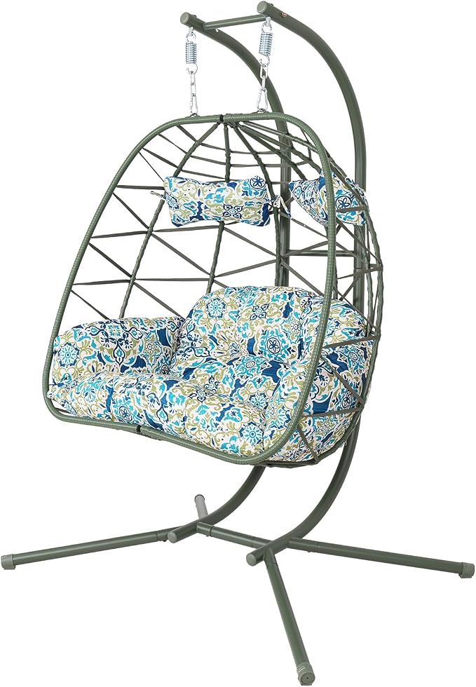2 Person Double Hanging Egg Chair, Oversized Wicker Rattan Loveseat Swing Chair, Heavy Duty 600lbs Capacity, Foldable Basket Hammock Chair with Thick Cushion for Indoor Outdoor Patio Bedroom