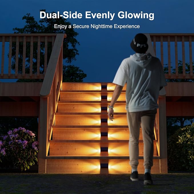 16 Pack Warm White Solar Powered Stair Lights for Outside Waterproof Deck Step Safety LED Ourdoor Decorative Lamps for Railing, House, Pathway, Backyard, Patio, Garden, 2 Easy Installation in 1 Min