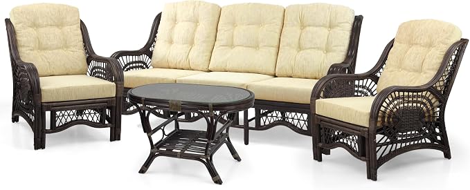 Malibu Lounge Set of 4: 2 Natural Rattan Wicker Chairs, Three-Seater Sofa with Cushions and Coffee Table with Glass Handmade, Dark Brown Color