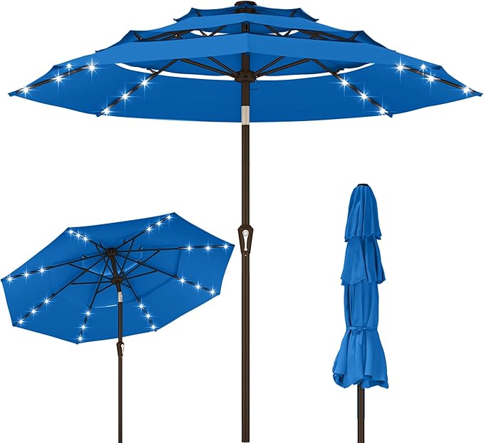 Kingdura 10ft 3-Tier Patio Umbrella with Solar Lights, Table Umbrella Outdoor Patio with Easy Crank & Tilt, 8 Sturdy Ribs, UV Protection, 32 LED Lights for Deck, Poolside, Market (Royal blue)
