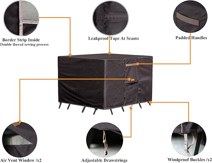 Heavy Duty Waterproof Patio Furniture Covers UV Resistant Rectangular Outdoor Table and Chair Covers 126" Wx 63" D x 28" H Dark Grey