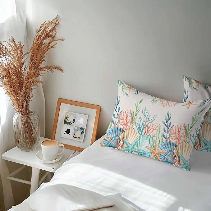Lumbar Pillow Covers 20x12 Inch Set of 2, Summer Ocean Waterproof Outdoor Pillow Covers, Watercolor Coastal Coral Shell Seaweed Beige Decorative Cushion Pillowcases for Couch, Sofa, Bed, Garden, Patio