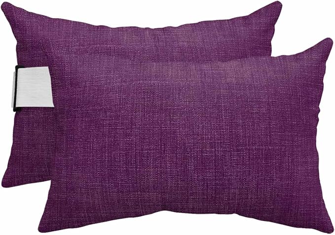 Dark Purple Outdoor Lumbar Pillows 12x20 Set of 2, Farmhouse Burlap Solid Brown Color Modern Linen Texture Waterproof Throw Pillow Covers with Insert, Decorative Support Pillows for Lounge, Chaise