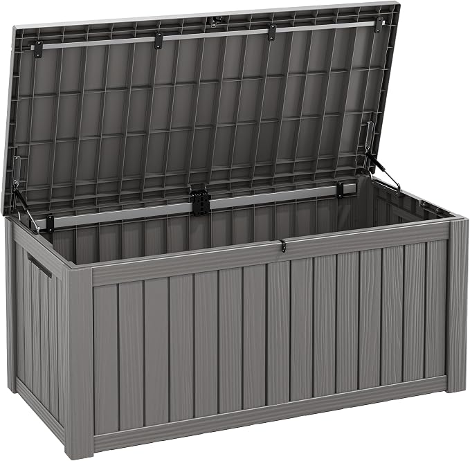Fancyango 150 Gallon Outdoor Deck Box Waterproof, Large Storage Box for Patio, Resin Storage Bench Lockable for Garden Tools, Package Delivery, Grey