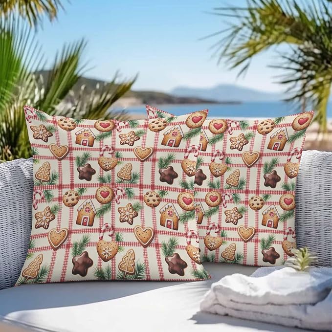 Outdoor Waterproof Throw Pillow Covers, Christmas Cartoon Gingerbread Man Plaid Candy Canes Pine Leaves House Pillowcases Cushion Covers Cases for Patio Couch Bench, Pack of 2 Square, 20X20 Inch