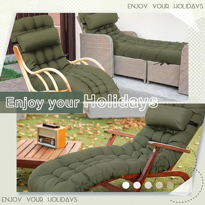 Tudomro Outdoor Chaise Lounge Cushion 66x21x4'' Waterproof & Fade-Resistant Patio Pool Chaise Lounge Cushion Headrest Pillow Tie Replacement Rocking High Back Chair(Olive Green,1 Pcs)