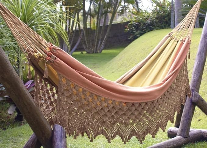 Handmade Brazilian Macrame Hammock – Red, Yellow & Caramel Striped Cotton Hammocks – Indoor Boho Swing Bed – Decorative Hammock for Bedroom, Porch or Balcony