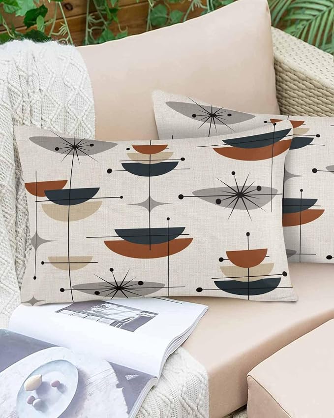 Vandarllin Outdoor Throw Pillows Covers 20x12 inch Set of 2 Waterproof Boho Mid Century Decorative Zippered Cushion Covers for Patio Furniture, Black Orange Geometric Abstract Lumbar Pillowcases