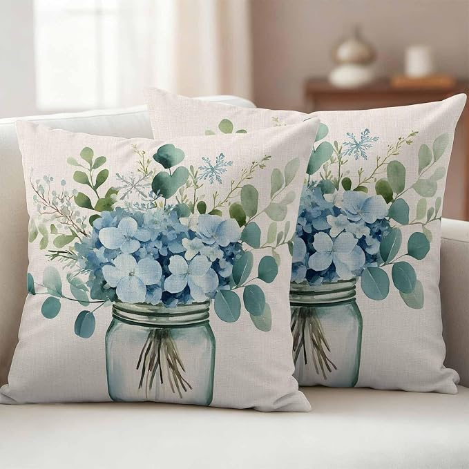 Blue Floral Outdoor Waterproof Throw Pillow Covers Set of 2, 18"x18", Pastoral Eucalyptus Leaf Linen Texture Decorative Pillow Covers Outside Cushion Case for Patio Porch Garden