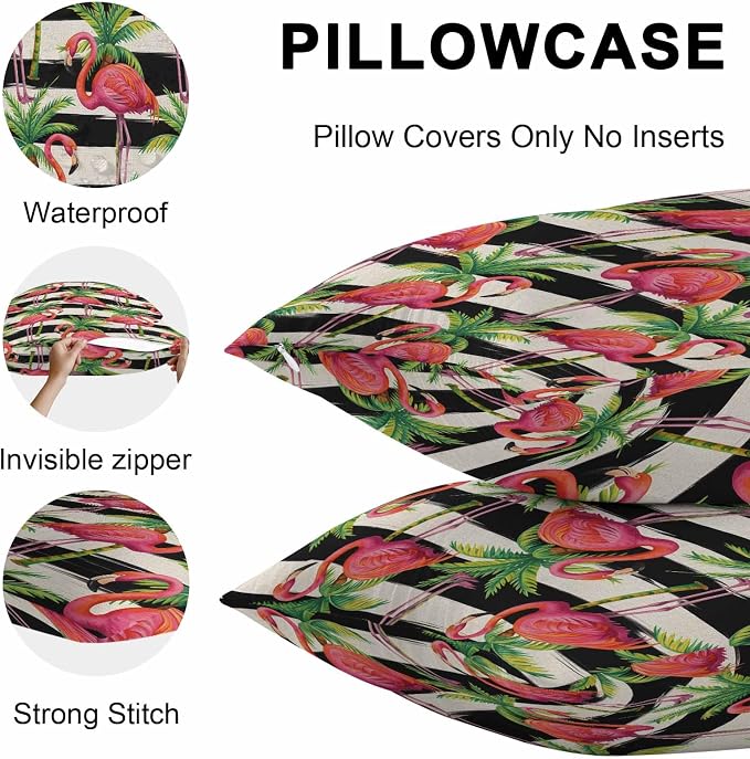 Pink Flamingo Outdoor Pillow Covers 26x26 Inch Throw Pillow Covers Set of 2 Waterproof Decorative Pillow Cases Palm Leaf Black Striped Tropical Plant Cushion Covers for Patio Furniture Garden Couch