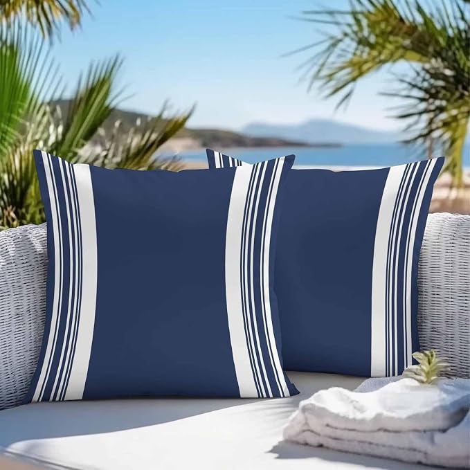 Farmhouse Navy Blue Outdoor Waterproof Throw Pillow Covers 16x16 Set of 2, Aesthetic Modern Line Striped Decorative Pillowcases Cushion Pillowcase for Couch Sofa Patio Outside Pillow Protector
