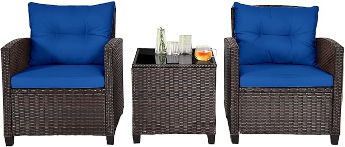 3-Pieces Patio Furniture Set, PE Wicker Chairs Sofa Set with Removable Cushions & Glass Top Side Table, Outdoor Wicker Rattan Conversation Chair for Porch,Backyard, Balcony (Navy Blue)