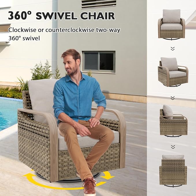 EAGLE PEAK Modern Wicker Outdoor Patio Furniture Set, Patio Conversation Set, 2 Swivel Rocking Chairs, 3-Seat Loveseat, 2 Ottomans and Coffee Table, 6 Pieces, Brown/Gray