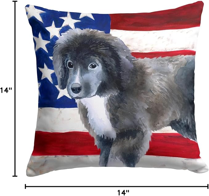 Caroline's Treasures BB9699PW1414 Newfoundland Puppy Patriotic Fabric Decorative Pillow Machine Washable, Indoor Outdoor Decorative Pillow for Couch, Bed or Patio, 14Hx14W