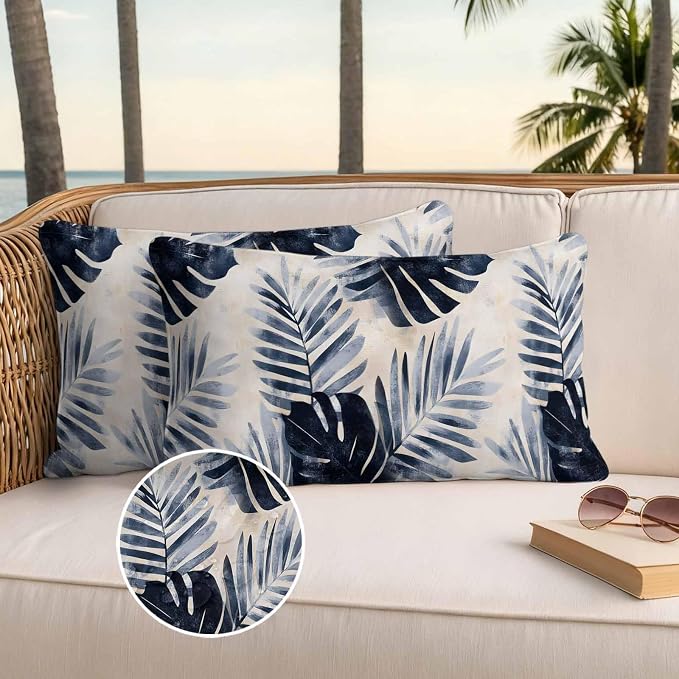 Pack of 2 Waterproof Outdoor Pillow Covers 20x12 Inch Decorative Pillow Covers Navy Blue Palm Leaves Throw Pillowcases Tropical Botanical Retro Outdoor Cushion Cover for Couch, Patio, Tent