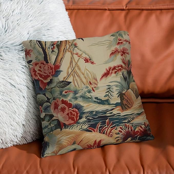 Pillow Cover Moore Manor Antique Chinoiserie Cushion Cover Farmhouse Coral Peony Chic Asian Pillow Cover Accent Outdoor Garden Decoration for Patio Couch Bench 20x20 in