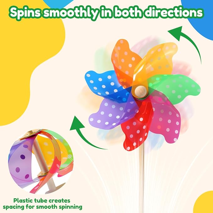 IilLittle 10 Pack Rainbow Pinwheel, Pinwheels for Kids | Assembly Instructions Included, Easy Assembly, Wooden Pole, PP Plastic, Waterproof, Sturdy