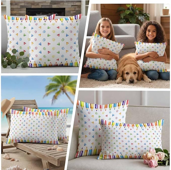 Back to School Waterproof Outdoor Pillow Covers Set of 2 Home Decor, Funny Colorful Pencil Building Blocks Pillowcase Patio Pillow Covers for Couch Bench Furniture Garden 18x18in