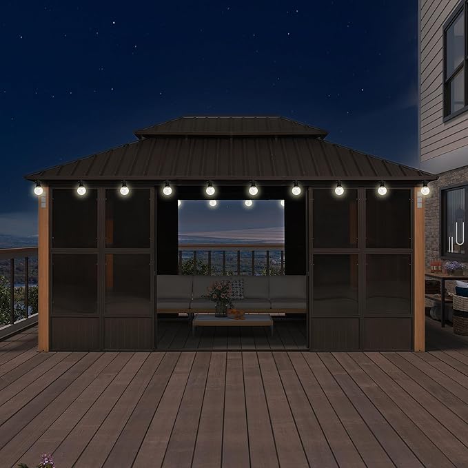 PURPLE LEAF 12' X 16' Outdoor Hardtop Gazebo with Galvanized Metal Roofs Patio Wood Grain Aluminum Frame with Screens and Doors for Deck Garden Bronze