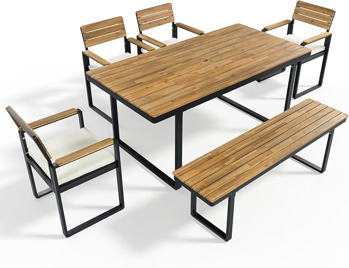 RuiSiSi 6-Piece Outdoor Dining Table Set, Acacia Wood Patio Dining Table Set with 1 Table, 4 Chairs, 1 Bench, Comfortable Cushions and Adjustable Feet for Patio, Garden, Backyard, Beige Cushion