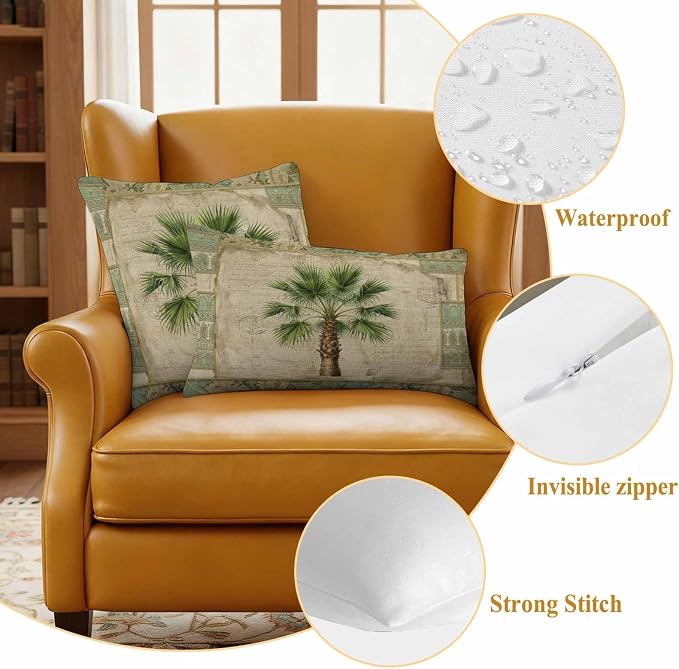 Summer Palm Trees Outdoor Pillow Covers 18"x18" Set of 2, Green Tropical Leaves Vintage Boho Texture Waterproof Throw Pillow Covers for Patio Furniture, Decorative Cushion Covers for Porch