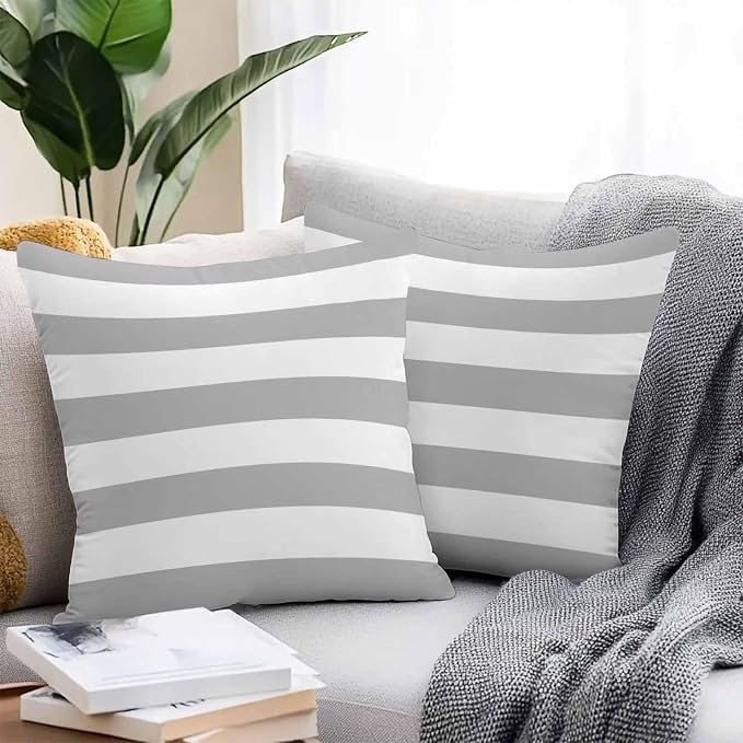 Outdoor Waterproof Throw Pillow Covers Set of 2 Grey White Stripe Pillowcases 26x26 Inches Simple Style Striped Decorative Pillows Cushion Case Patio Pillows for Couch Bed Chair Garden