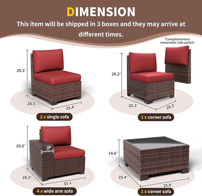 Outdoor Patio Furniture Set, 8‘’ Wide armrest Outdoor Sectional Rattan Sofa Set, Wicker Patio Furniture Sets w/Coffee Table,Thick Cushions for and Cover for Porch,Deck,8 PCS (Brown&Wine)