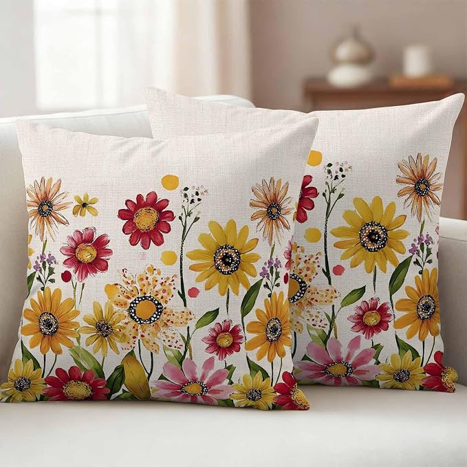 Yellow Red Spring Floral Outdoor Waterproof Throw Pillow Covers 26x26 Set of 2, Pastoral Summer Flower Rustic Decorative Pillowcases Cushion Pillowcase for Couch Sofa Patio Outside Pillow Protector