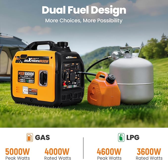 maXpeedingrods 5KW Dual Fuel Inverter Generator for RV Outdoor Events Home | 5000 Watt Gasoline&Propane Powered,CO Auto-Shutdown,Parallel,EPA & UL 2201 Certified,LPG Extended Runtime,Compact MXR5000DF
