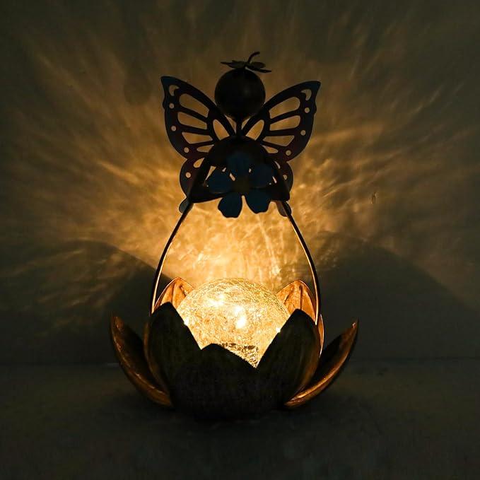 Afirst Solar Lights Outdoor, Solar Fairy Lotus Lamp Garden Decor Metal Crackle Glass Decorative Ball Waterproof Landscape Path Light LED Table Light for Tabletop，Patio,Lawn,Walkway,Tabletop,Pathway