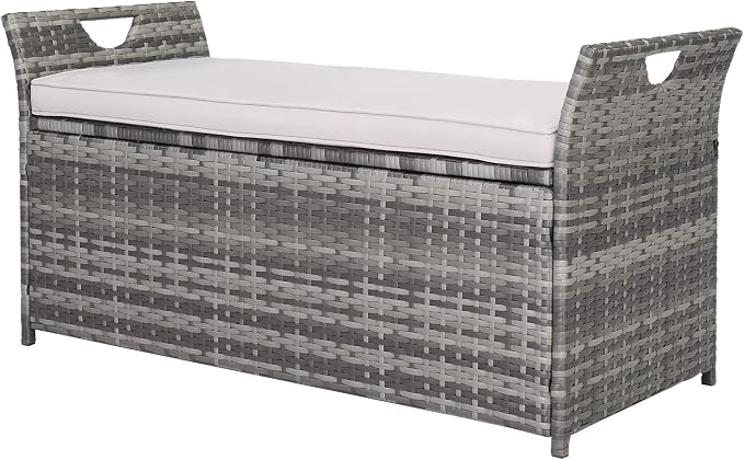33 Gallon Outdoor Wicker Storage Bench Deck Box,Large PE Rattan Deck Storage Box,Outdoor Indoor Waterproof Storage Box,Patio Wicker Storage Bench,with Cushion,for Garden Balcony Porch Yard (Gray)