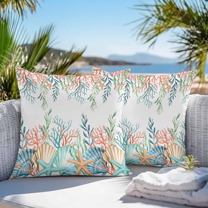 Throw Pillow Covers 24x24 Inch Set of 2, Marine Life Waterproof Outdoor Pillow Covers, Nautical Underwater Coral Shell Starfish Watercolor Decorative Cushion Pillowcases for Couch, Sofa, Bed, Patio