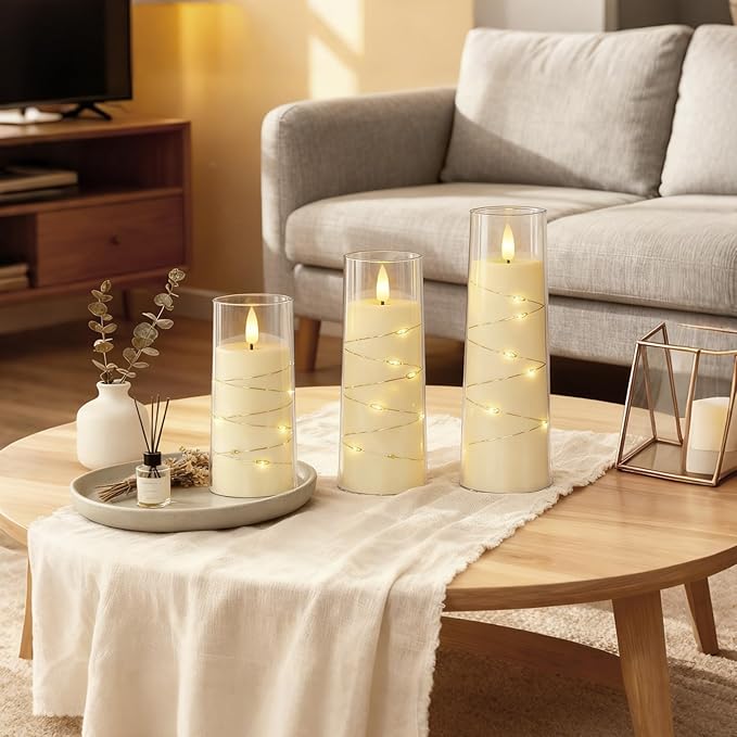 Raycare Flameless Candle with Remote Timer, 3 Flickering Acrylic Battery Operated LED Pillar Candles with Embedded Star String for Valentine's Day, Home Decor, and as a Gift(Ivory)