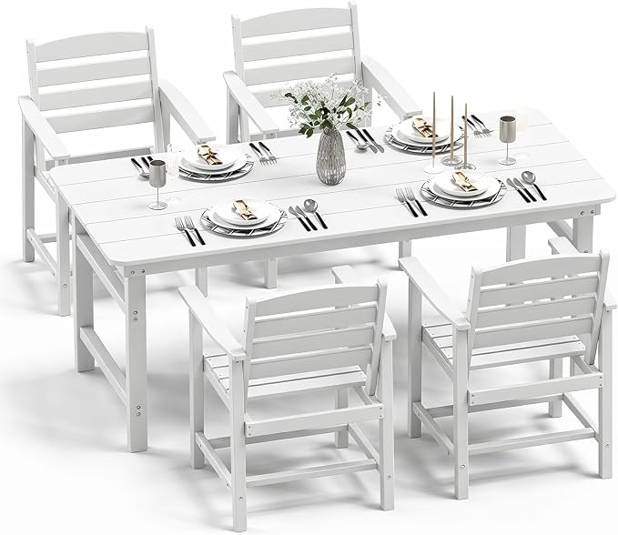 FOOWIN Outdoor Table and Chairs Set 5-Piece HDPE All Weather Patio Dining Set with Umbrella Hole,Outdoor Patio Furniture Dining Set for 4,Patio Kitchen Table Set for Garden,Backyard,Poolside, White