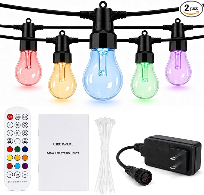 Outdoor String Lights 50FT, Smart RGBW IC Color Changing Patio Lights with 20 Dimmable LED Bulbs, App & RF Remote, IP65 Waterproof Shatterproof