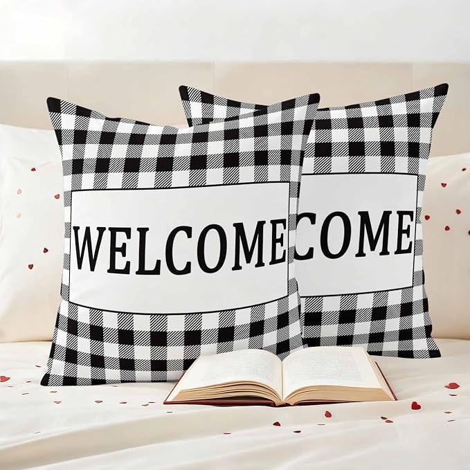 Welcome Black Outdoor Pillow Covers Set of 2 White Buffalo Check Plaid Waterproof Throw Pillow Cover Decorative Cushion Cases for Patio Porch Garden 20X20 Inch