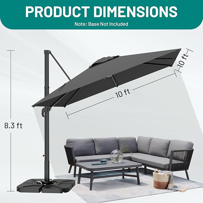 AreShark 10 X 10 FT Cantilever Patio Umbrella, 360-Degree Rotation Square Hanging Offset Umbrella with Crank, Heavy Duty Patio Umbrella for Patio, Pool, Garden, Deck, Grey