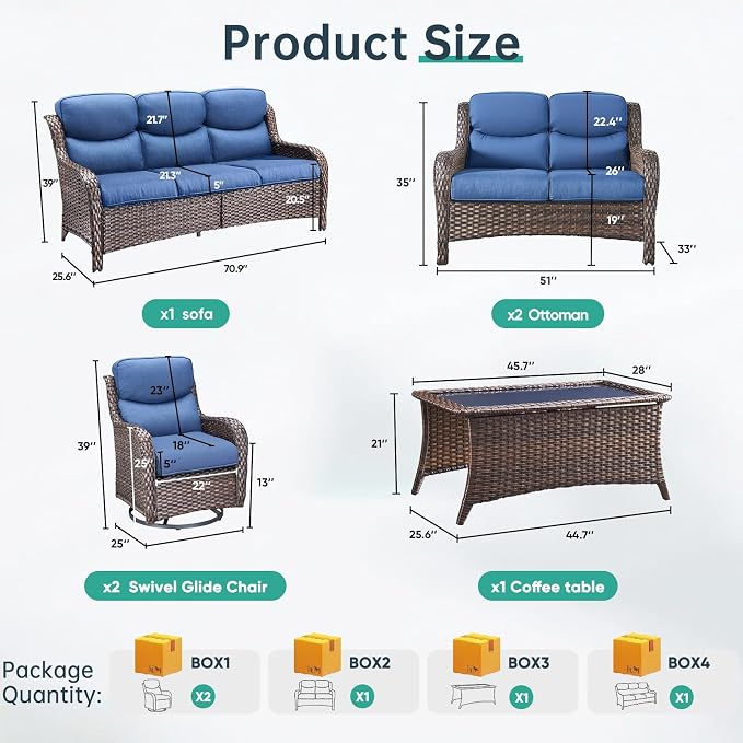 Outdoor Swivel Rocker Patio Chairs Set of 7 with 5" Thick Cushions ,7 Piece Furniture Set with Fire Pit Table All Weather Wicker Conversation Set for Porch Deck - Brown Wicker | Blue Cushions