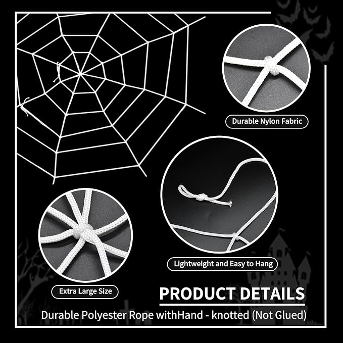 3 FT Spider Web Halloween Decorations - Realistic White Spider String Rope Props, Round Fake Spider Web Elastic Belt for Spooky Haunted House Window Decor, Trick-or-Treat, Indoor Outdoor Party Favors