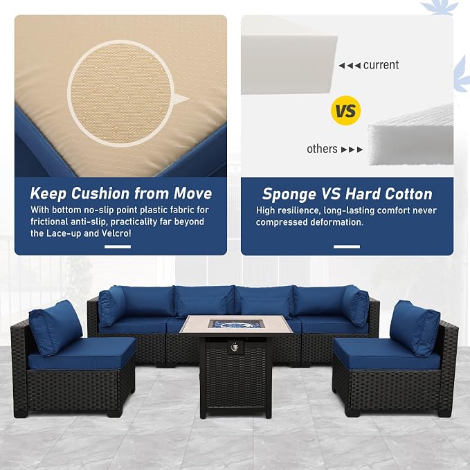 Valita Patio Furniture Set 30 Inches Fire Pit 7-Piece Outdoor Sectional Patio Couch 50000 BTU Steel Propane Fire Pit Table with No-Slip Cushions and Waterproof Cover, Navy Blue