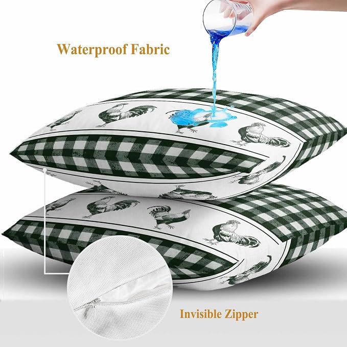 Outdoor Waterproof Throw Pillow Covers Set of 2 Chicken Cock Rooster Pillowcases 18x18 Inches Farmhouse Animal Green Buffalo Plaid Decorative Pillows Cushion Case Patio Pillows for Couch Bed Chair
