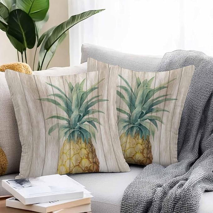 Vandarllin Outdoor Throw Pillows Covers 26x26 inch Set of 2 Waterproof Pineapple Decorative Zippered Cushion Covers for Patio Furniture, Summer Tropical Fruit Wood Lumbar Pillowcases