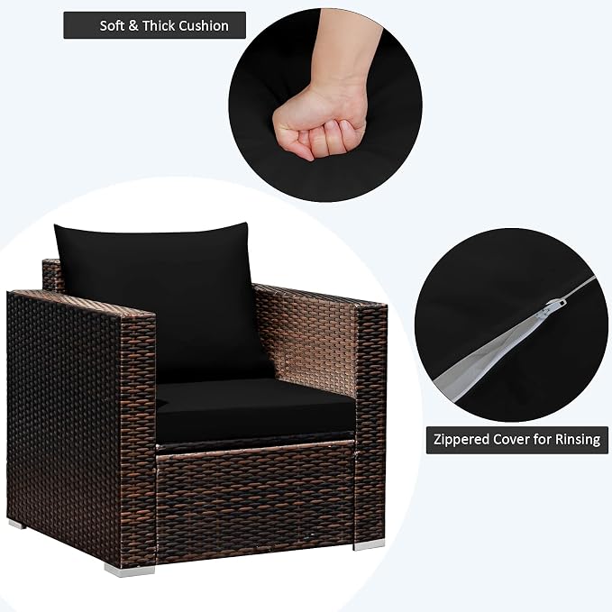 Patio Conversation Set Outdoor, 3-Piece Rattan Wicker Furniture Set with Water-Resistant Cushion & Tempered Glass Tabletop, Patio Furniture Set for Balcony, Porch, Poolside (Black)