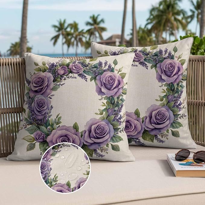 Spring Flower Outdoor Waterproof Throw Pillow Covers Set of 2, 16"x16", Purple Rose Wreath Blooming Floral Retro Decorative Pillow Covers Outside Cushion Case for Patio Porch Garden
