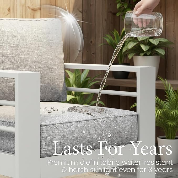 LayinSun Aluminum Furniture Set with Fire Pit Table, 5 Pieces Patio Sectional Conversation Chat Sofa Modern Seating Set